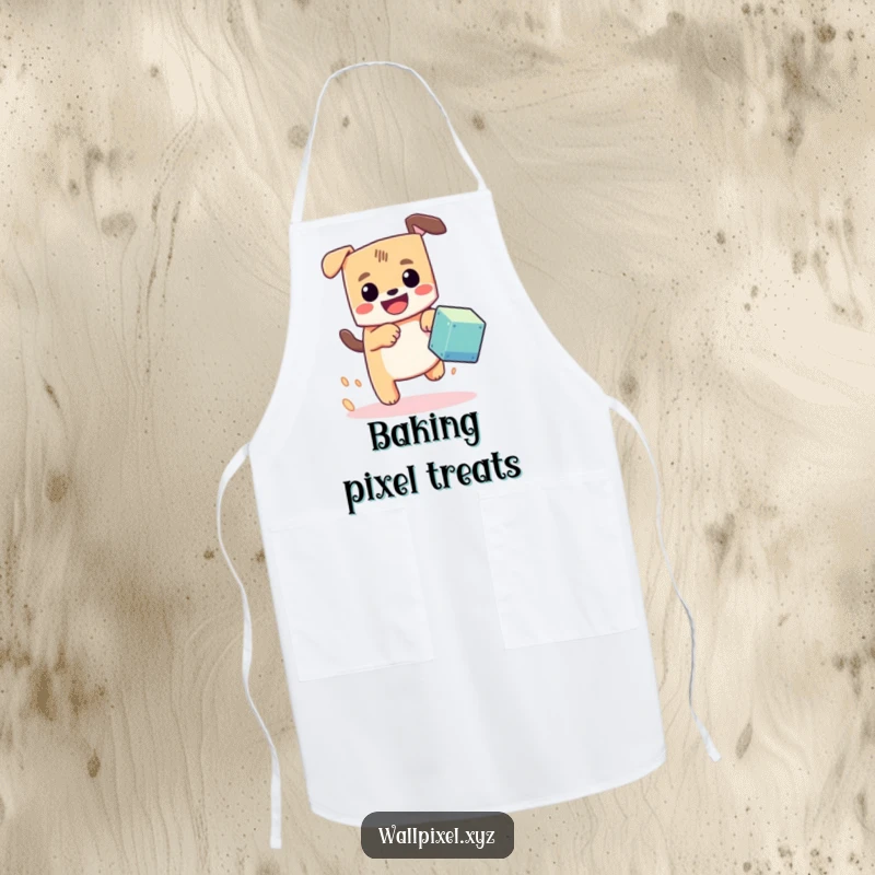 Funny pixel dog apron, a blocky dog with a happy grin chasing a pixel cube, designed for kitchen fun with retro flair.