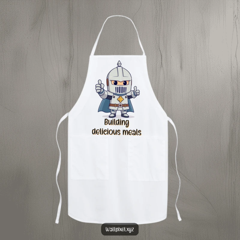 Funny apron depicting a cheerful knight made of blocks giving a thumbs up, a heroic and fun kitchen accessory.