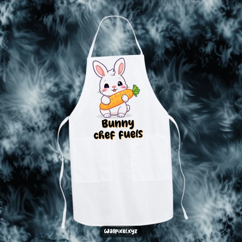 Funny apron with a chunky, pixelated rabbit holding a glowing pixelated carrot, ideal for a fun, retro cooking experience.