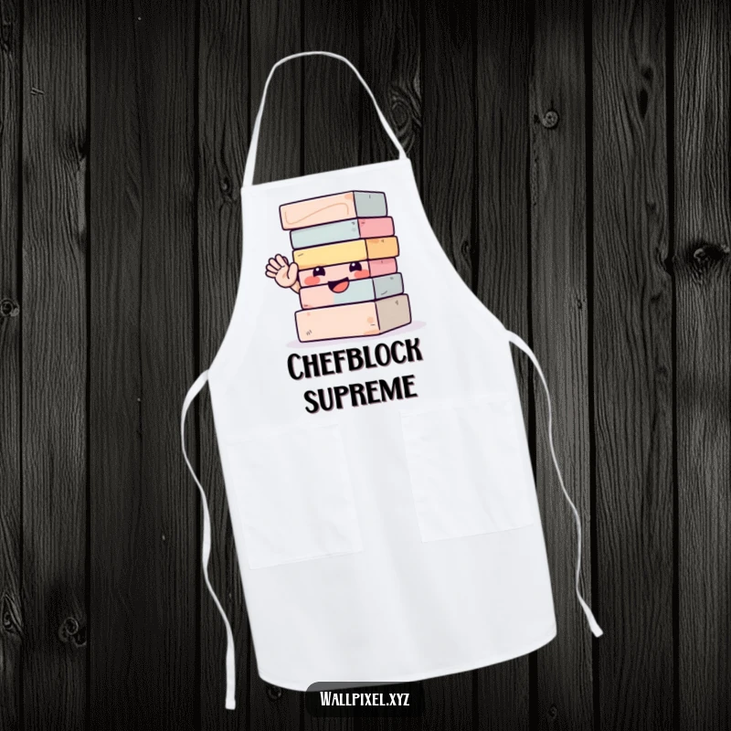 Funny apron depicting a smiling stack of blocks waving energetically, ideal for a playful chef and kitchen fun.