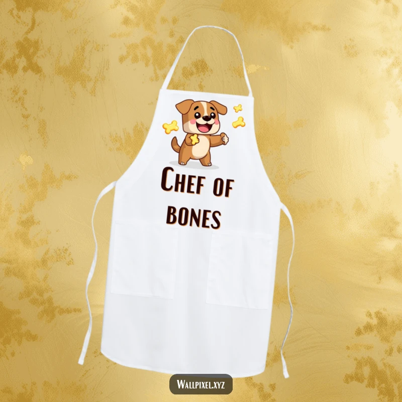 Funny Pixel Dog Apron: A blocky, retro 8-bit dog character happily juggles glowing pixelated bones, perfect for a fun cook.