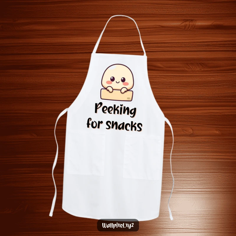 Funny apron featuring a small pixelated blob peeking from behind a block, a humorous and practical kitchen accessory.