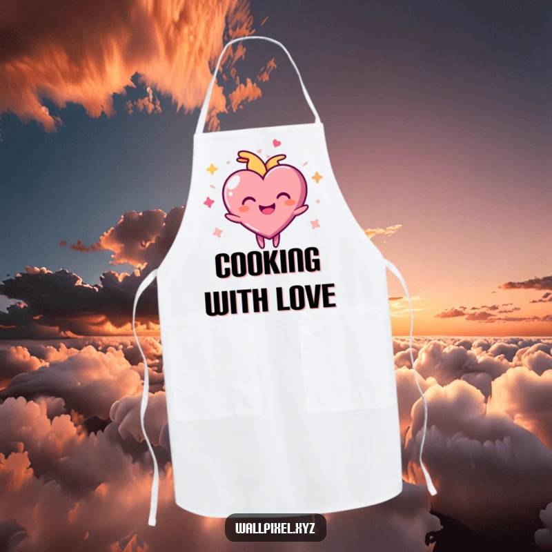 Funny pixel heart apron featuring a joyful character pulsing rhythmically, perfect for cooking with pixelated love.
