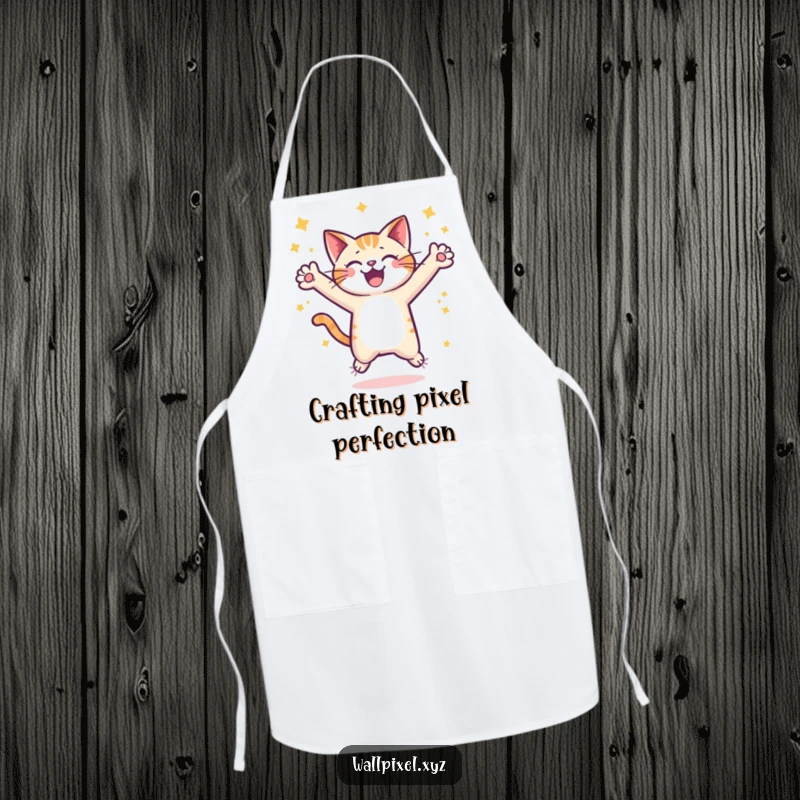 Funny pixel cat apron, a pixelated cat character joyfully leaping surrounded by stars, designed for kitchen fun with retro flair.