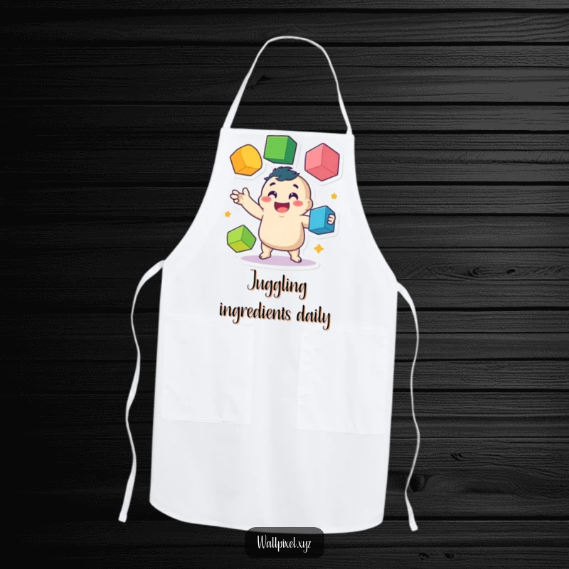 Funny apron print of a happy, wobbly pixel character juggling colorful cubes, ideal for a playful and vibrant cooking experience.