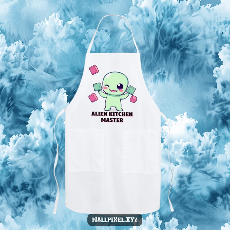 Funny pixel art apron showing a grinning pixelated alien character winking while juggling squares, perfect for retro sci-fi fans in the kitchen.