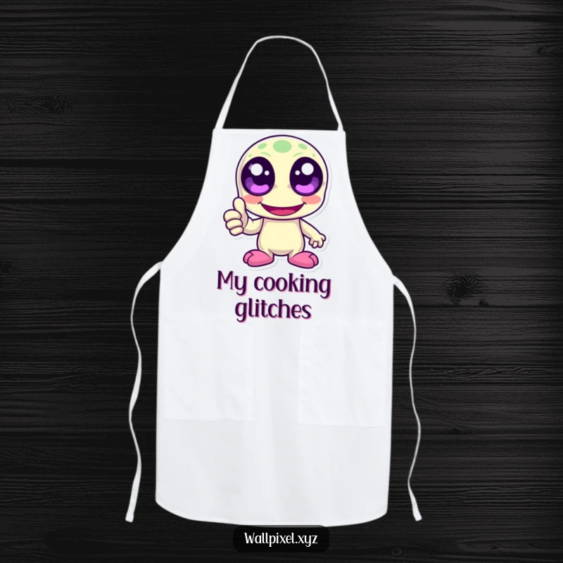 Funny pixelated alien character laughing and giving a thumbs up. Retro gaming themed humorous kitchen apron.