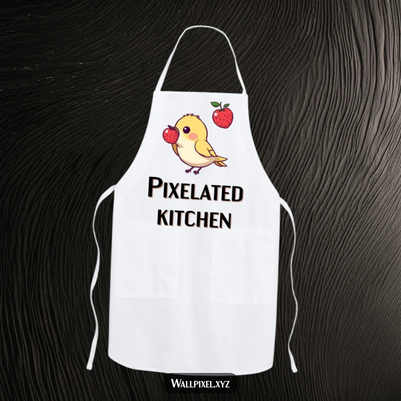 Funny pixel art apron showcasing a small, angular bird character pecking at a pixelated berry, perfect for retro gaming enthusiasts in the kitchen.
