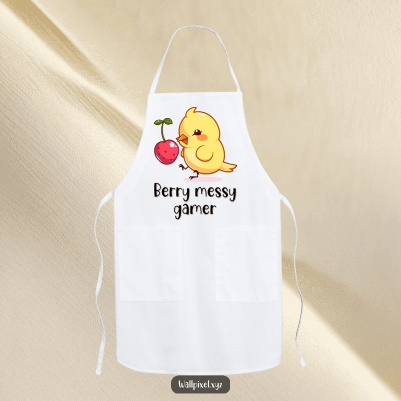 Funny apron featuring a small, angular bird character in pixel art, playfully pecking at a floating, pixelated berry.