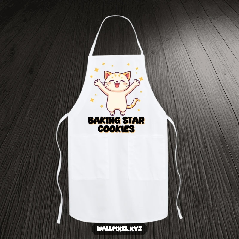 Funny pixel cat apron featuring a joyful leap with stars, ideal for chefs who enjoy retro gaming and pixel art.