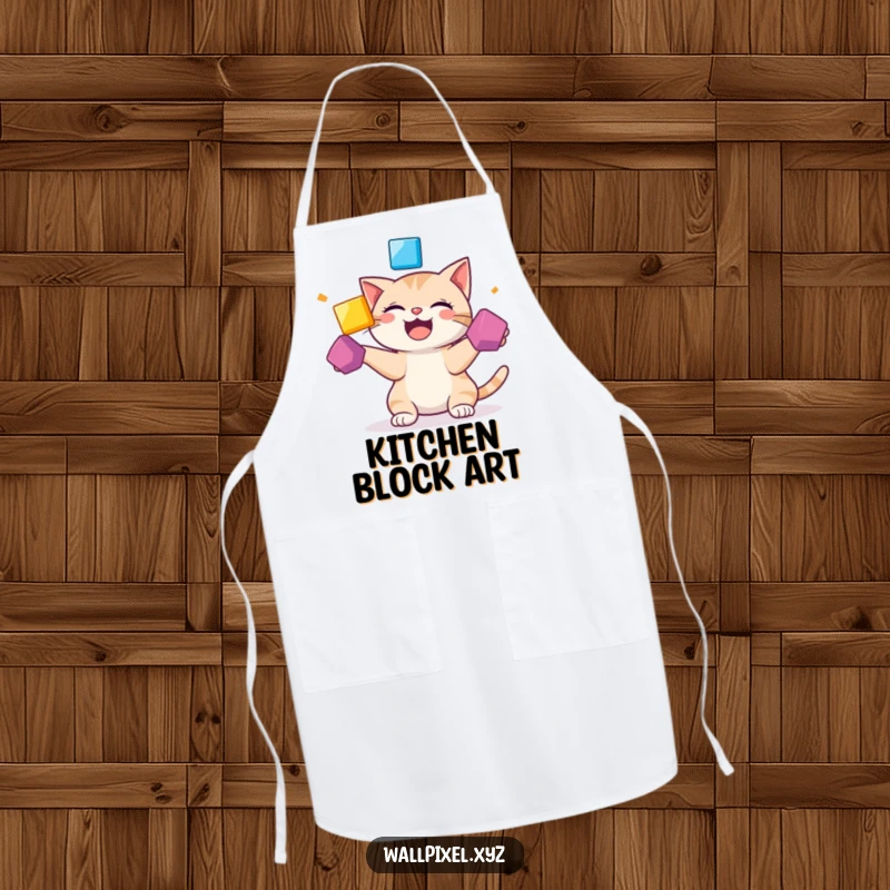 Funny apron featuring a giggling pixelated cat juggling bright squares, adding a humorous touch to cooking.