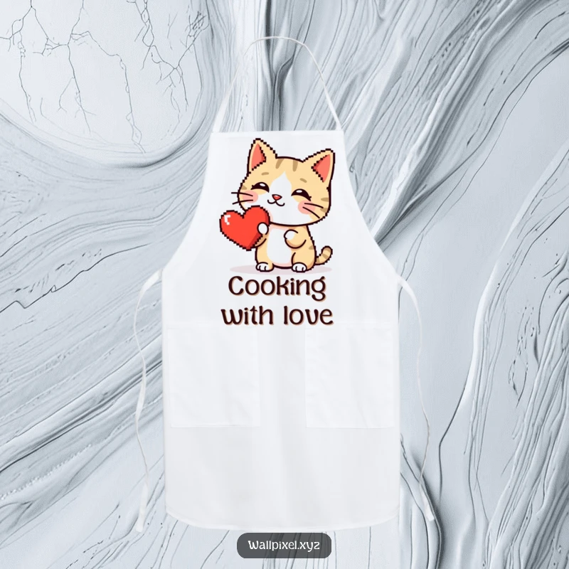 Funny apron featuring a cute pixelated cat booping a red pixel heart, perfect for adding retro charm to cooking.