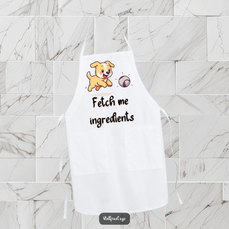 Funny kitchen apron with a pixelated dog chasing a bouncing pixelated ball, perfect for a playful cook.