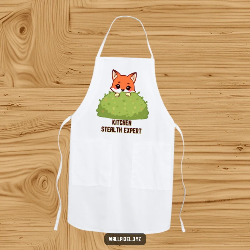 Funny pixel fox apron with a blocky character peeking from a pixelated bush, ideal for a gamer chef or home cook.
