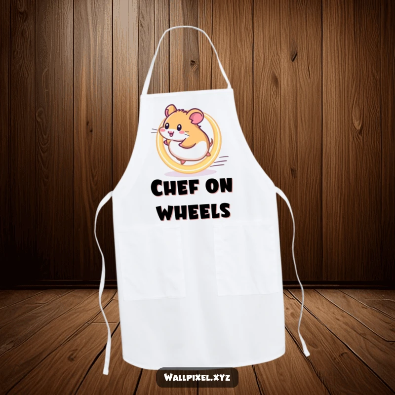 Funny Pixel Hamster Apron: A pixelated hamster runs on a glowing wheel, bringing energetic kitchen fun.