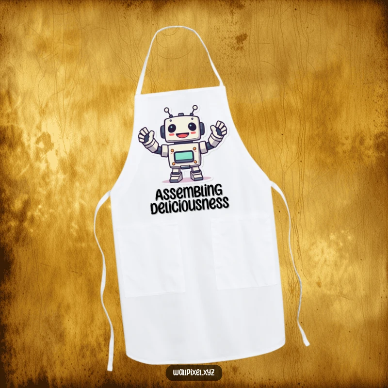 Funny pixel robot apron featuring a robot energetically waving, ideal for chefs who enjoy pixel art and retro tech designs.