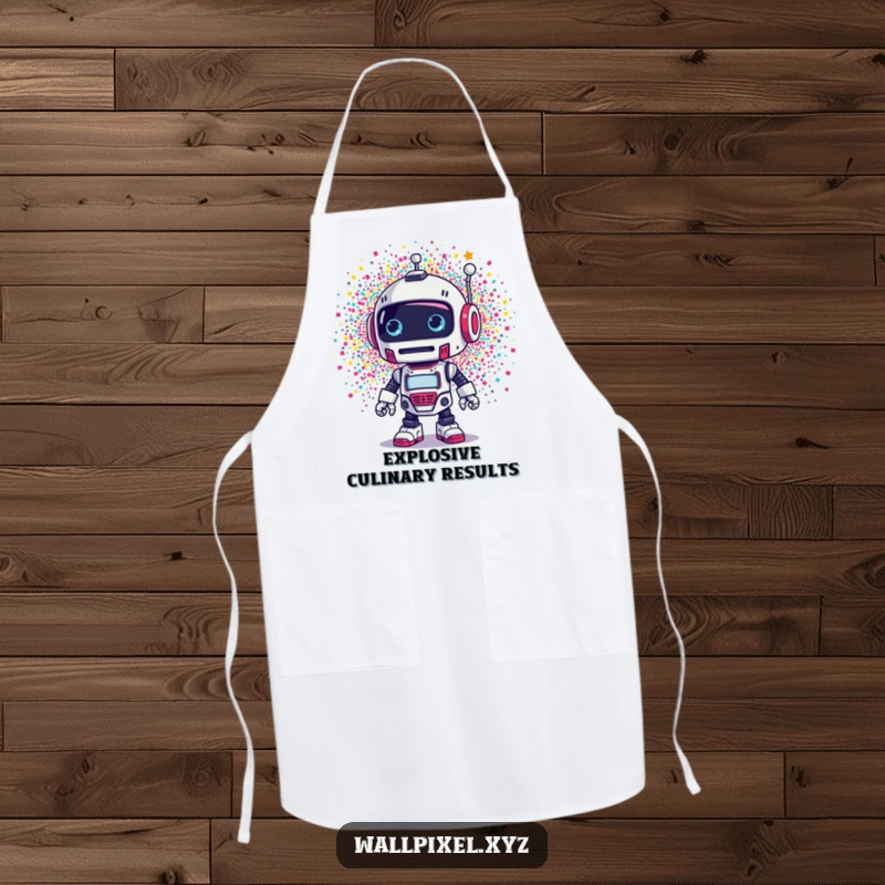 Funny apron: A retro robot is engulfed in a surprising explosion of tiny colorful pixels, a humorous cooking accessory.