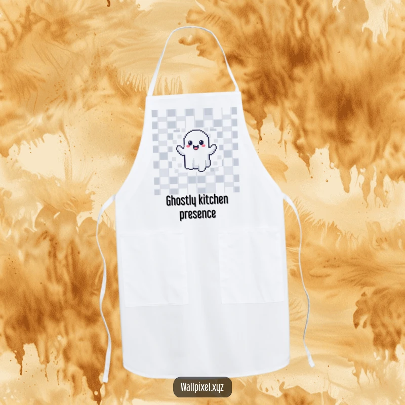 Funny pixelated ghost apron, joyfully phasing through a checkerboard wall, great for kitchen fun.
