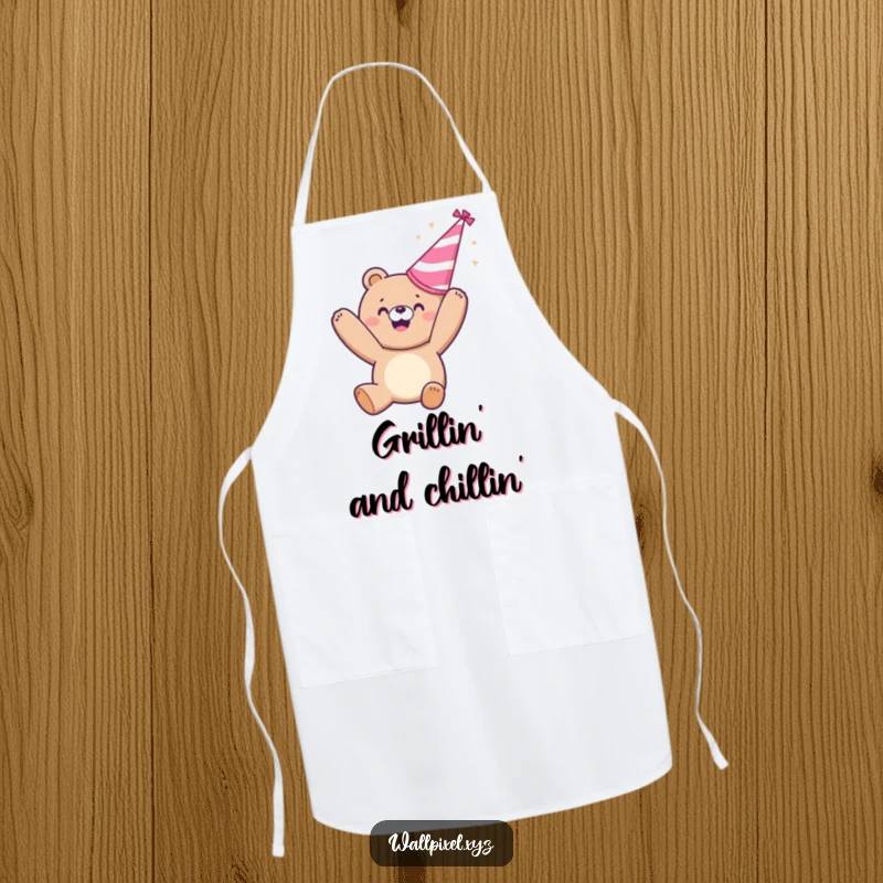 Funny apron: A happy pixelated bear throws a party hat, a humorous and festive kitchen accessory for celebrations.