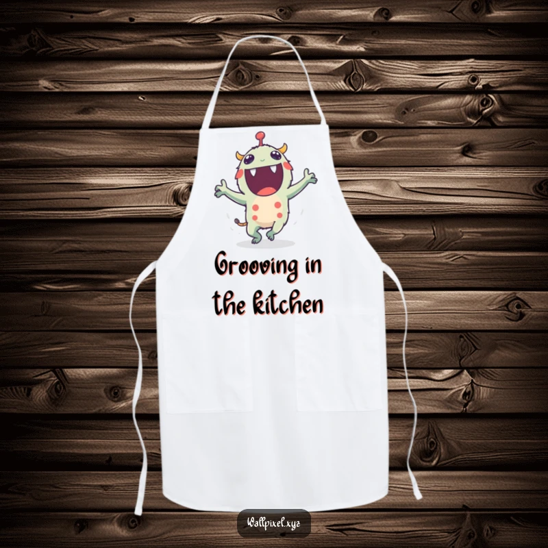 Funny apron showcasing a pixel monster dancing with flailing blocky arms, bringing retro gaming humor to the kitchen.