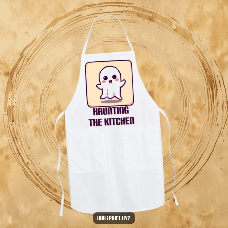 Funny apron featuring a pixelated ghost character playfully haunting a square, a humorous kitchen accessory.