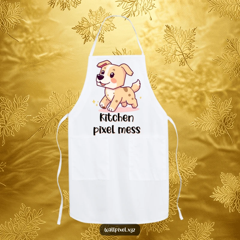 Funny apron featuring a blocky pixelated dog chasing its tail, adding a humorous and playful touch to cooking.