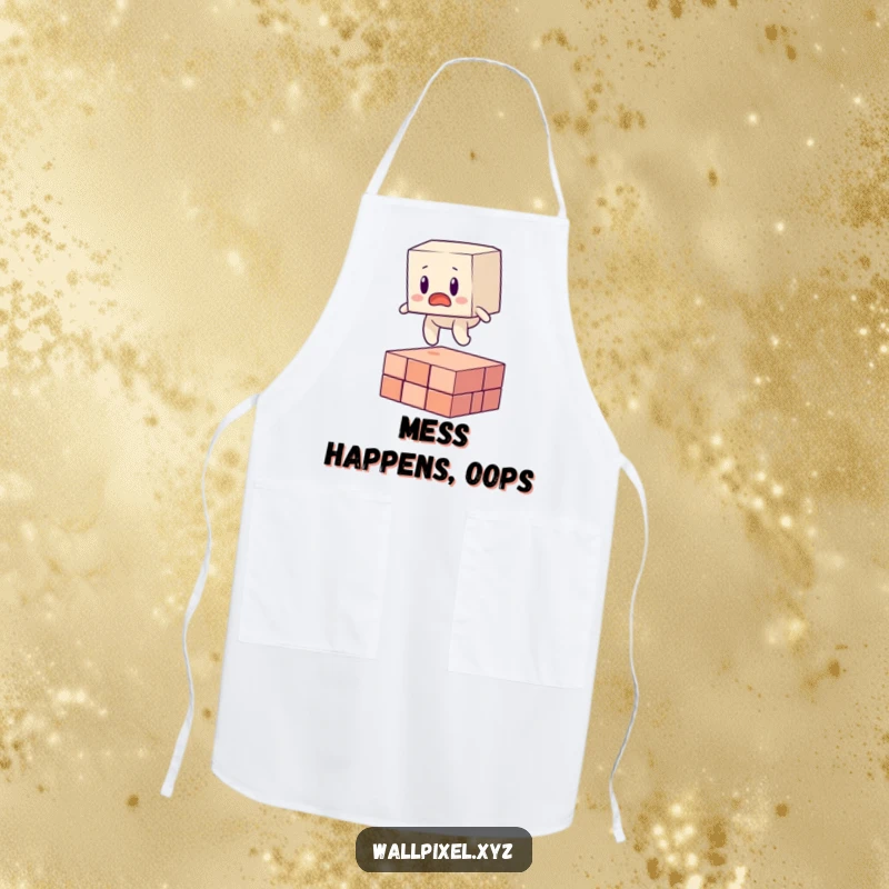 Funny kitchen apron with a surprised blocky character tripping over a floating pixel, perfect for a humorous cook.