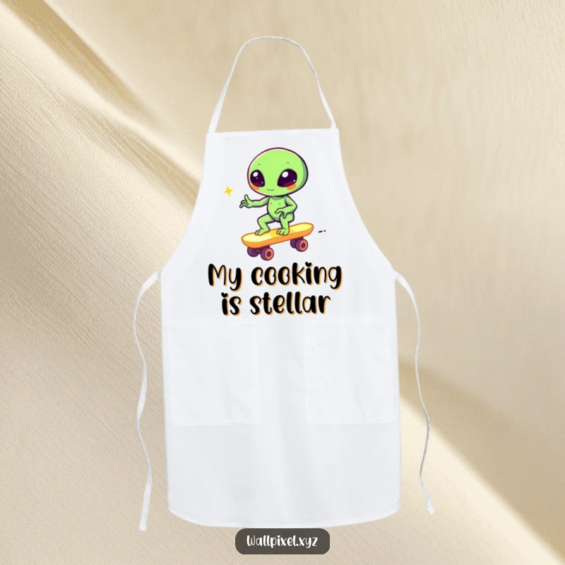 Funny pixel alien winking on a retro block skateboard, humorous kitchen apron, gamer cooking accessory.