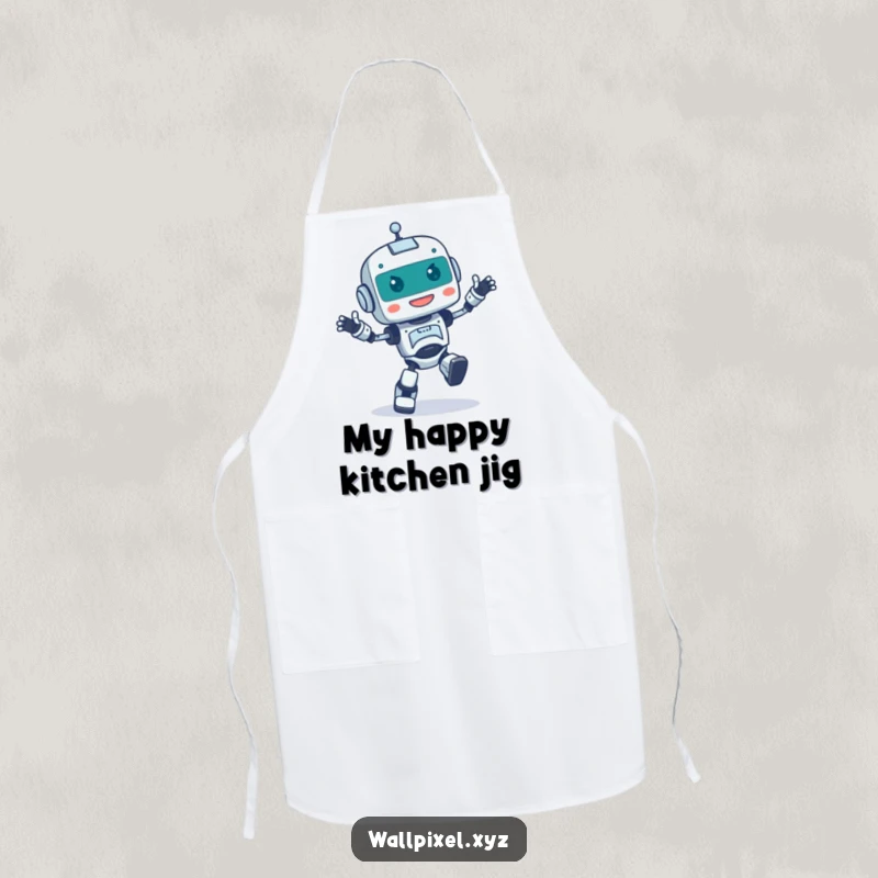 Funny apron featuring a pixelated robot character performing a clumsy, happy dance, a humorous kitchen accessory.