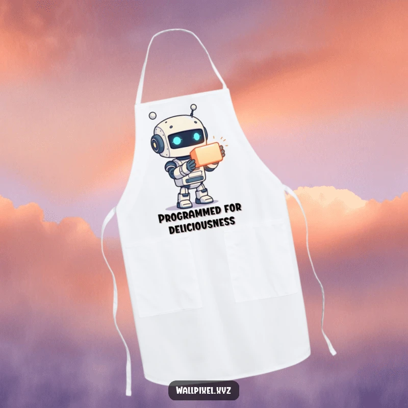 Funny apron design of a cheerful pixelated robot presenting a glowing cube, ideal for a playful and futuristic cooking experience.