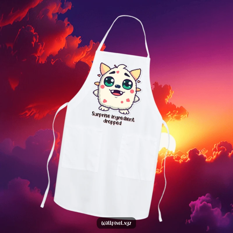 Funny apron showing a pixelated monster with wide, blocky eyes expressing surprise, a humorous and practical kitchen accessory.