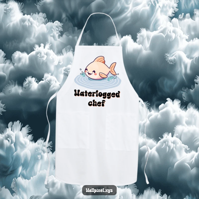 Funny apron showcasing a geometric fish character happily splashing in a pixelated puddle, a humorous and practical kitchen accessory.