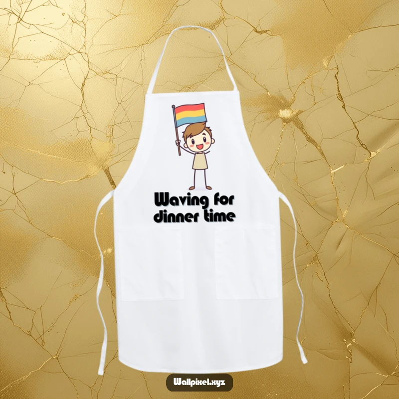 Funny apron featuring a stick figure character enthusiastically waving a pixelated flag, a humorous kitchen accessory.