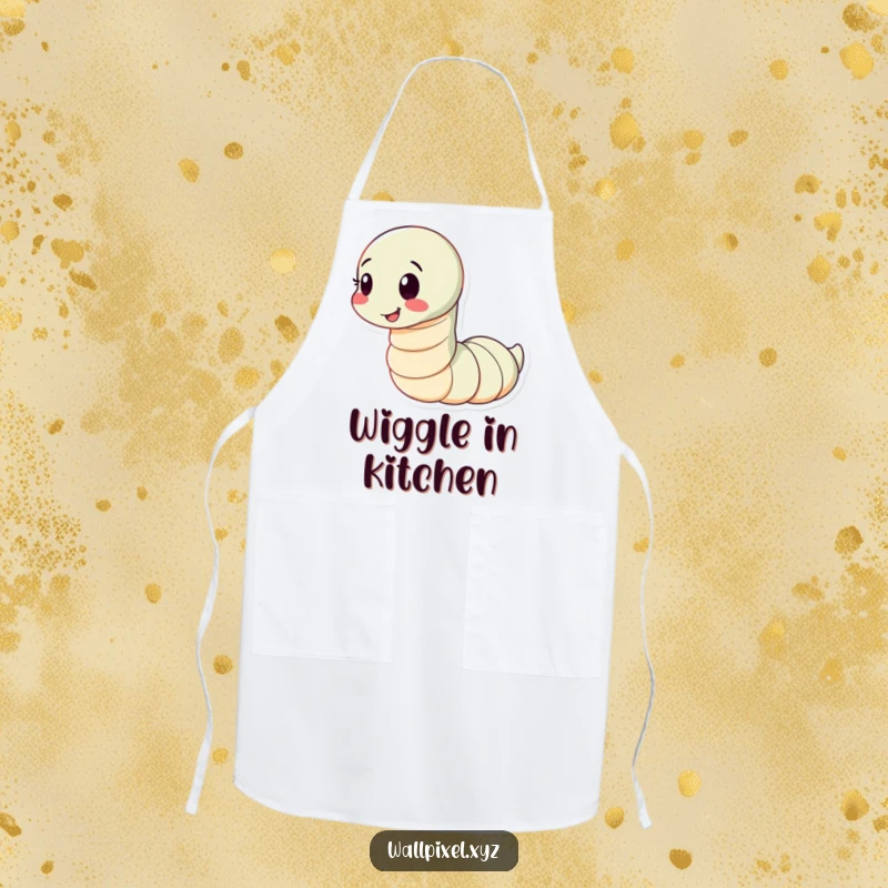 Funny apron showcasing a segmented worm character wiggling playfully with a happy expression, a humorous and practical kitchen accessory.