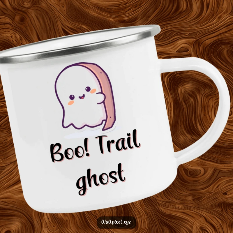 Funny ghost camping mug featuring a playful ghost peeking from a pixelated object, for outdoor enthusiasts.