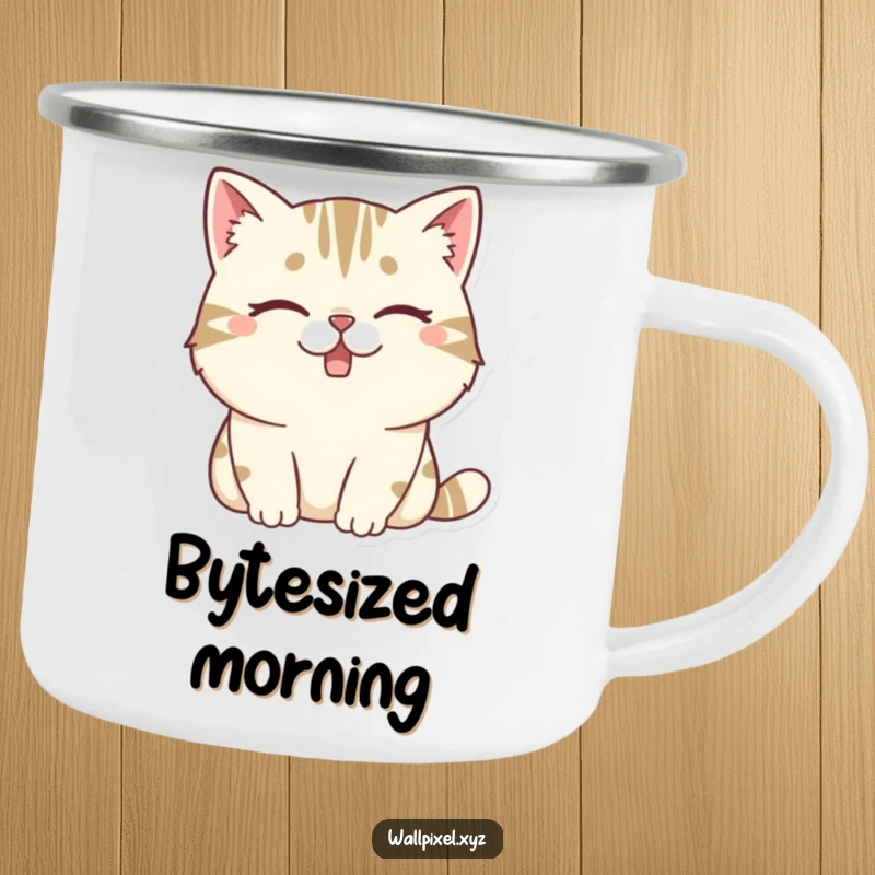 Funny camping mug featuring a chunky pixelated cat winking with a missing tooth, perfect for enjoying drinks with retro flair.