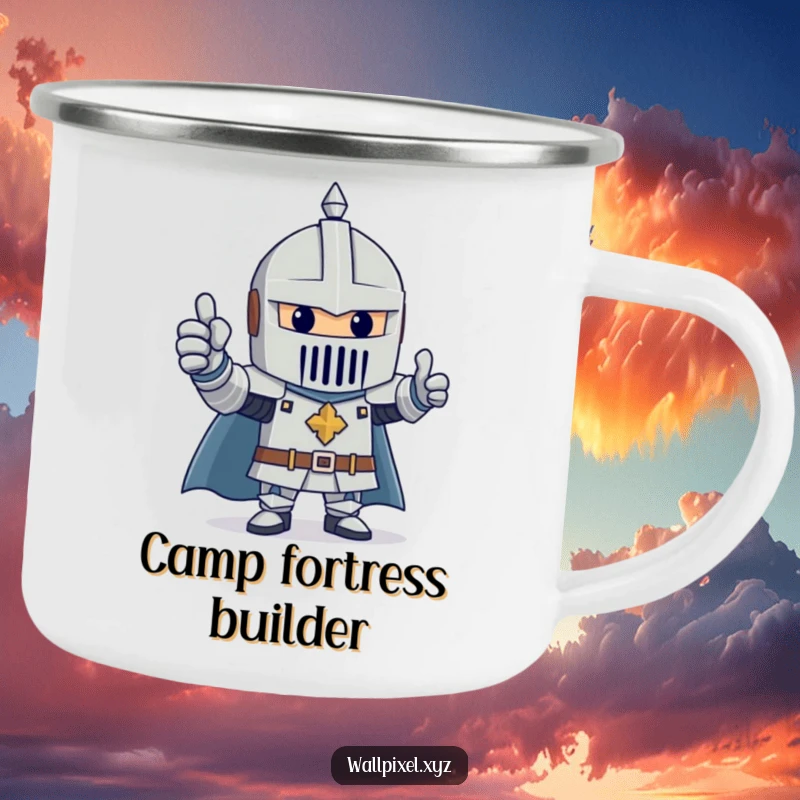 Funny camping mug with a cheerful knight made of blocks giving a thumbs up, ideal for heroic outdoor moments.