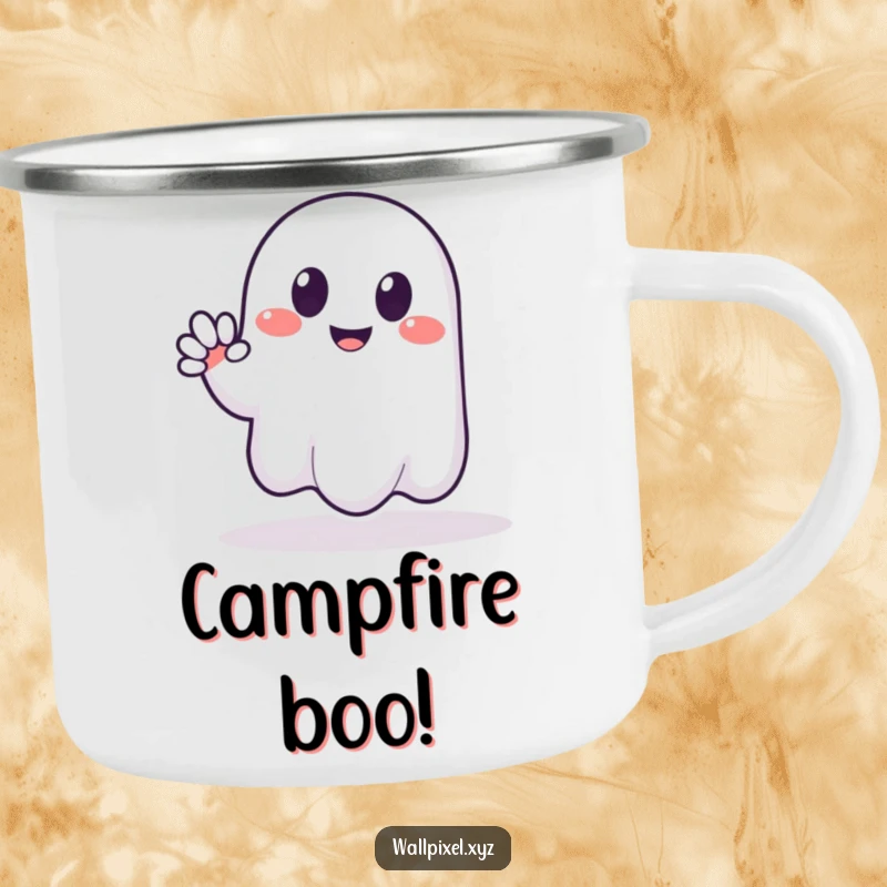 Funny camping mug with a pixelated ghost smiling and waving in a blocky gesture, perfect for enjoying drinks on spooky adventures.