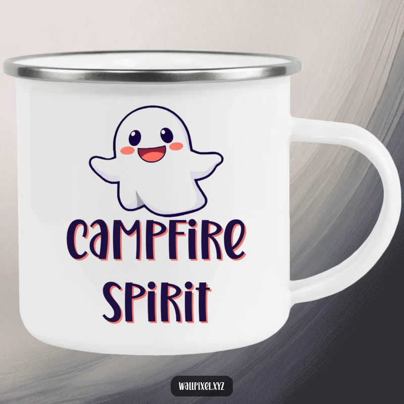Funny camping mug with a determined pixelated ghost floating upwards, perfect for spooky fun on the go.