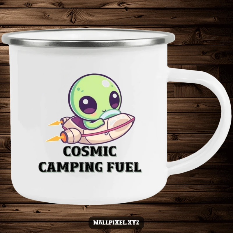 Funny camping mug featuring a kawaii pixelated alien zipping around in a small ship, perfect for cosmic journeys.