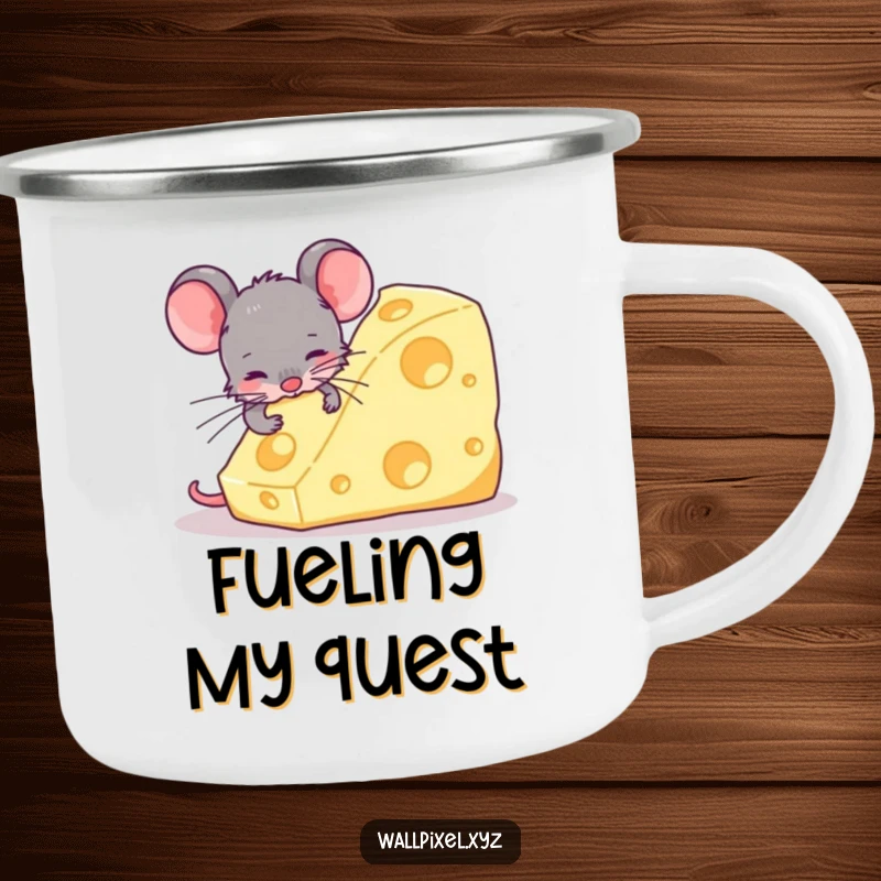 Funny camping mug illustrated with a blocky, pixelated mouse reaching for a gigantic wedge of pixel cheese, perfect for humorous outdoor settings.