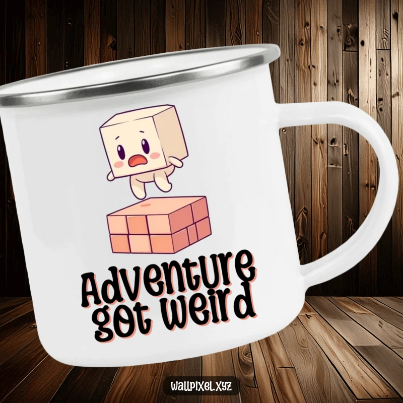 Funny camping mug featuring a surprised blocky character tripping over a floating pixel, great for outdoor humor.