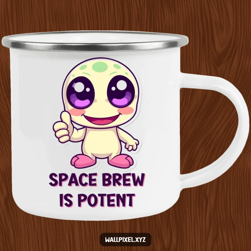 Funny pixelated alien character giving a thumbs up with a laugh. Retro gaming enamel camping mug for outdoor use.