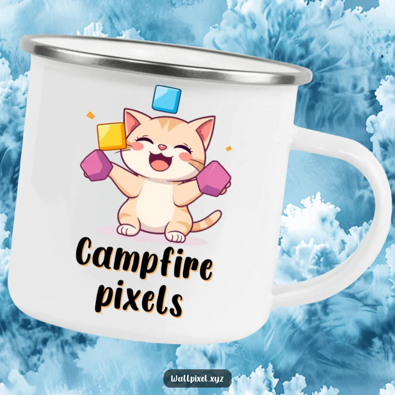 Funny enamel camping mug with a giggling pixelated cat juggling colorful squares, designed for outdoor gaming humor.