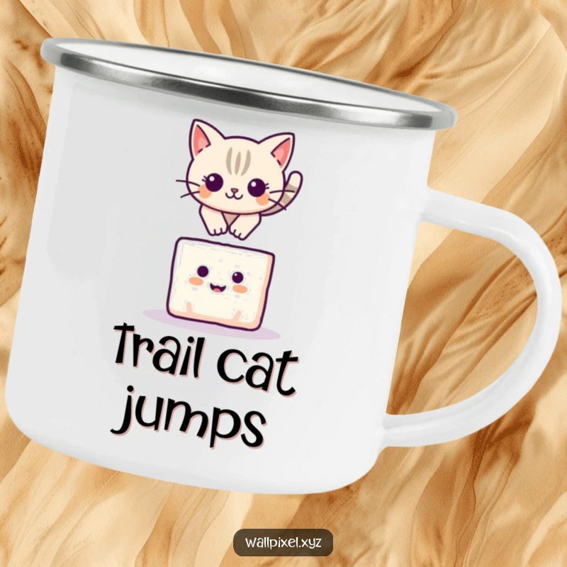 Funny camping mug with a pixelated cat leaping over a small, smiling block, channeling playful energy outdoors.