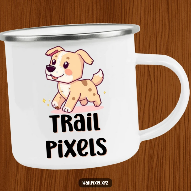 Funny enamel camping mug with a blocky pixel dog chasing its tail, leaving a sparkling pixel trail, for outdoor humor.
