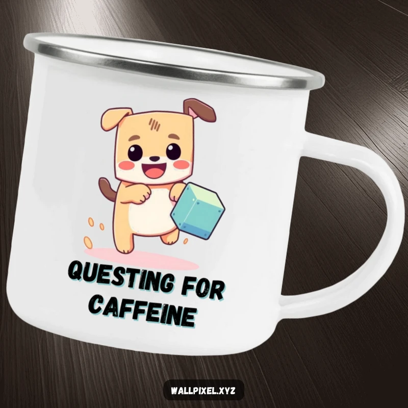 Funny pixel dog camping mug, a blocky dog with a happy grin chasing a pixel cube, designed for retro adventures.