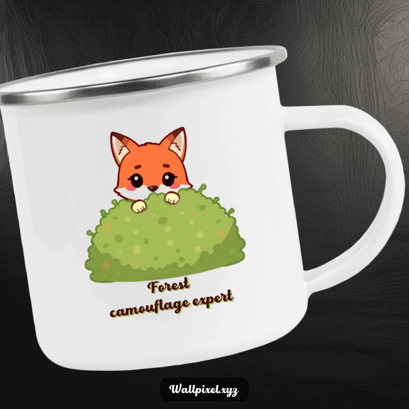 Funny pixel fox camping mug featuring a blocky character peeking from a pixelated bush, perfect for outdoor use and gamers.