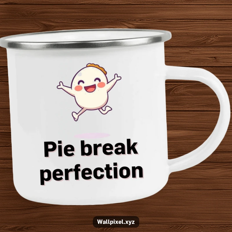 Funny camping mug featuring a pixel character jumping with a pixelated pie, perfect for retro gaming adventures.