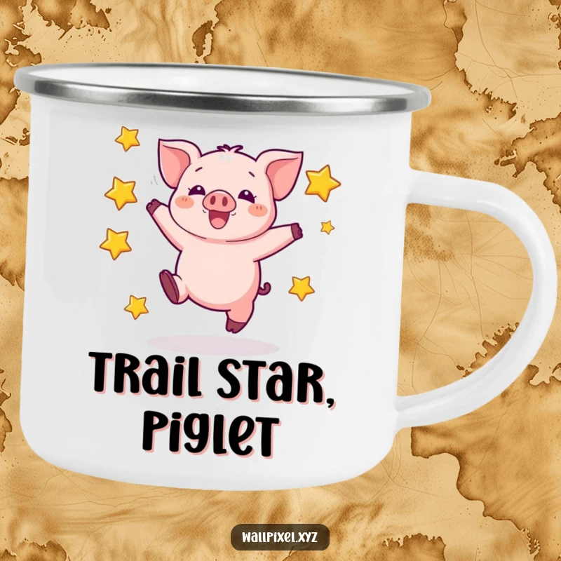 Funny camping mug with a pixelated piglet jumping among blocky stars, perfect for enjoying drinks on outdoor adventures.